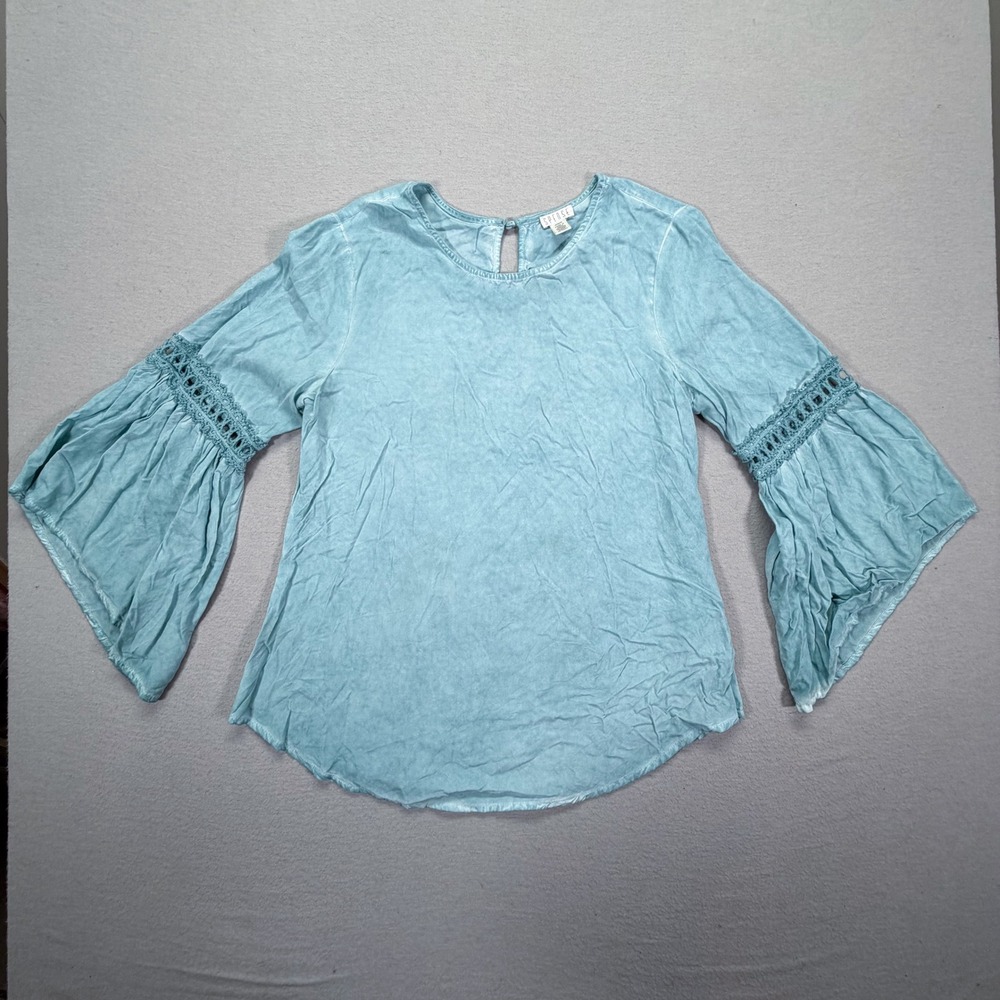 Spense Bell Sleeve Top Womens Medium Blue Crochet Lace Acid Wash Boho‎ Blouse